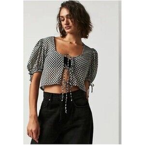 Free People Size M Sweet Sun Top Tie Front Blouse Black White